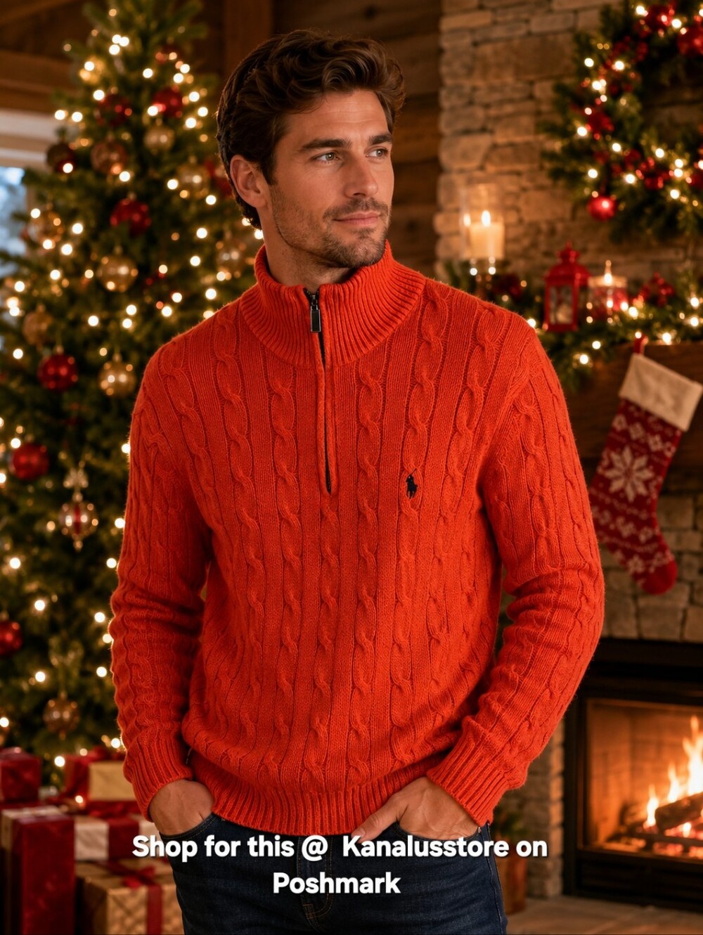 Ralph Lauren Orange Cable-Knit Half-Zip Sweater